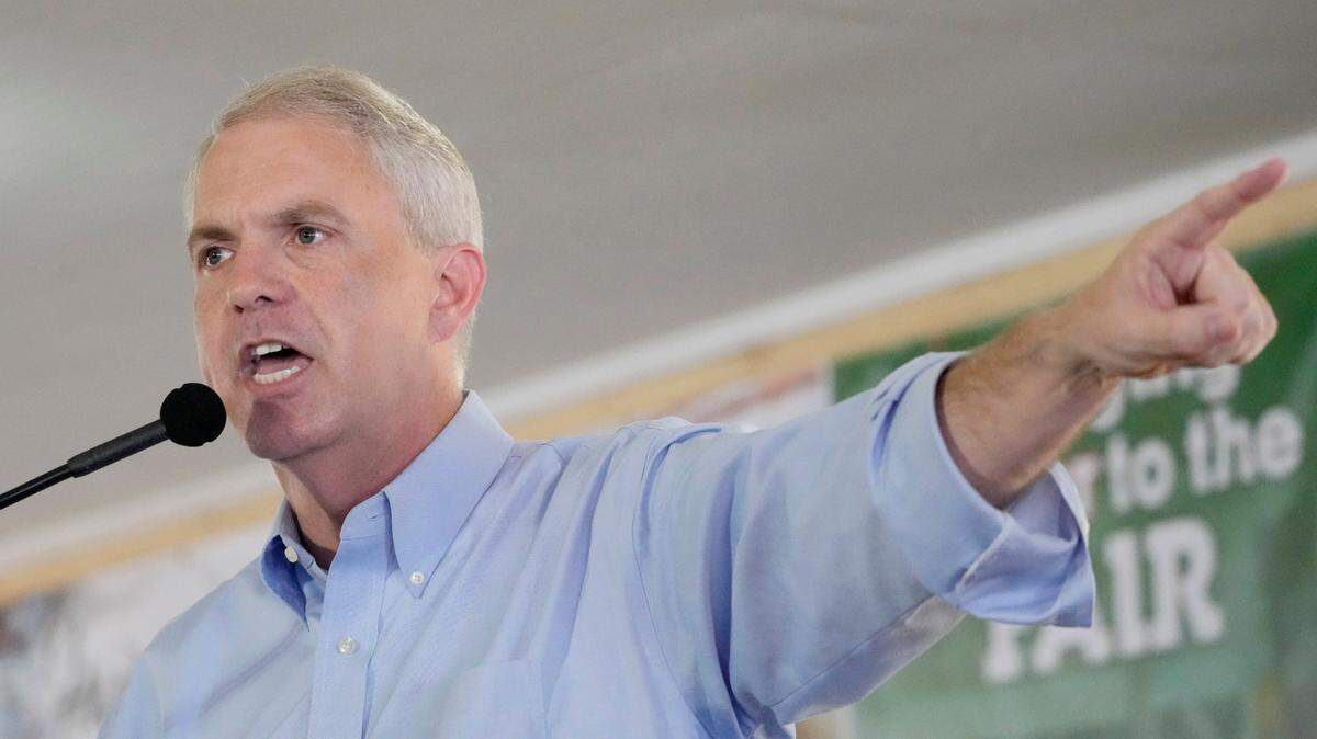Democrat Brandon Presley, a candidate for governor in November, addresses the crowd at the Neshoba County Fair in Philadelphia, Miss., Thursday, July 27, 2023. Presley is currently one of three public service commissioners. (AP Photo/Rogelio V. Solis)