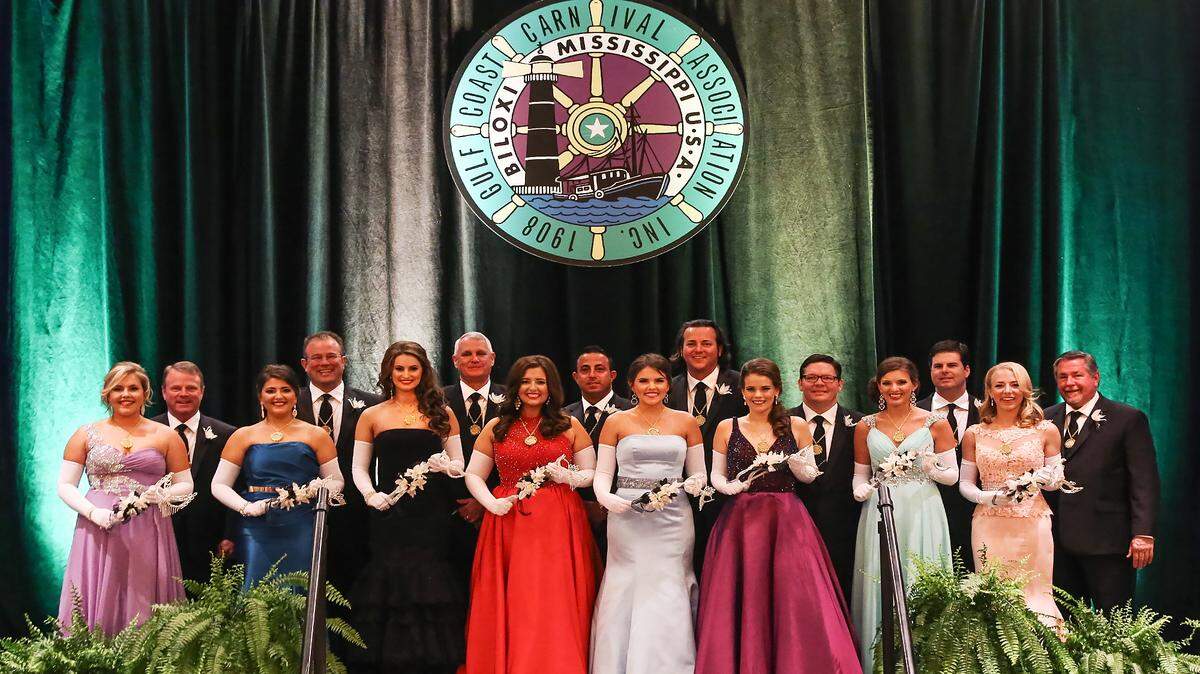 AMANDA McCOY/SUN HERALD 
 The Gulf Coast Carnival Association royal court on Saturday, January 16, 2016. From left, Kathyrn Nicole Lovell and Michael McKay, Laura Katherine Koury and Roman Mayer, Jennifer Catherine Cain and Paul Lair, Brooke Olivia Kuluz and Ivan Spinner, Olivia Lee O'Neill and Wade Howk, Susannah Leigh Snyder and David Harris Jr., Paige Nicole Lyons and William Guice IV and Ana Gayle Weatherly Christian and Randall Ladner.