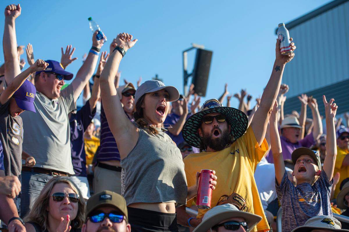 LSU fans cheer during Game Four of NCAA Regionals at Pete Taylor Park in Hattiesburg on Saturday, June 4, 2022.