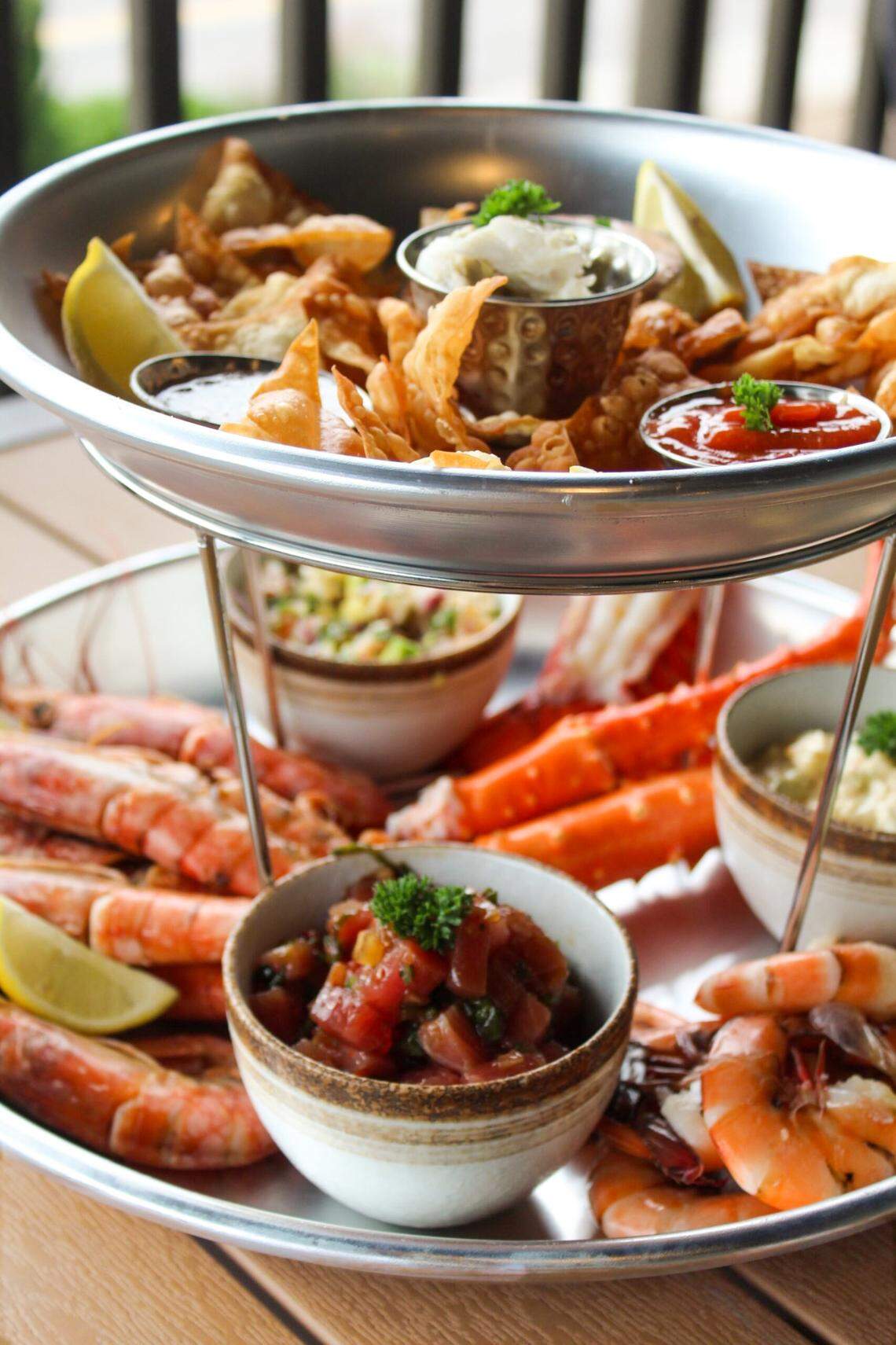 The seafood tower at Catch 110 in Biloxi. The tower comes with King crab, lobster tail, Royal Red shrimp, Cajun boiled local Gulf shrimp, fresh jumbo lump, lobster and Royal Red ceviche, tuna poke, and crab au gratin.