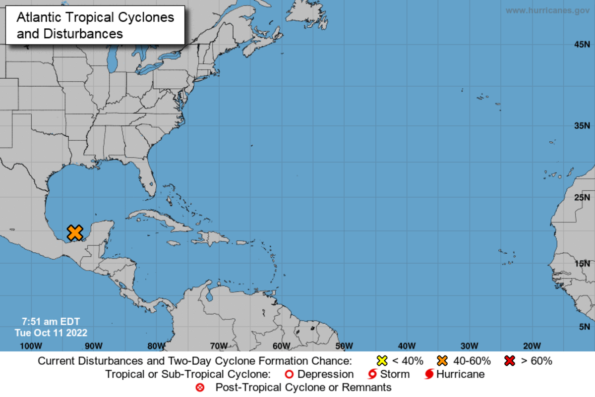 The two-day forecast for a disturbance in the southwestern Gulf shows a 60% chance of tropical formation over the next day or two.
