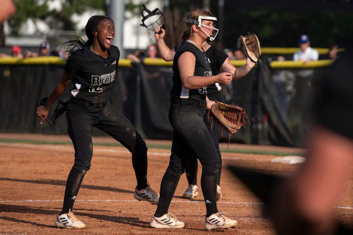The George County Lady Rebels softball team celebrates after beating Saltillo in the 5A 2023 MHSAA Softball Championship game at USM Softball Complex in Hattiesburg on Thursday, May 18, 2023.