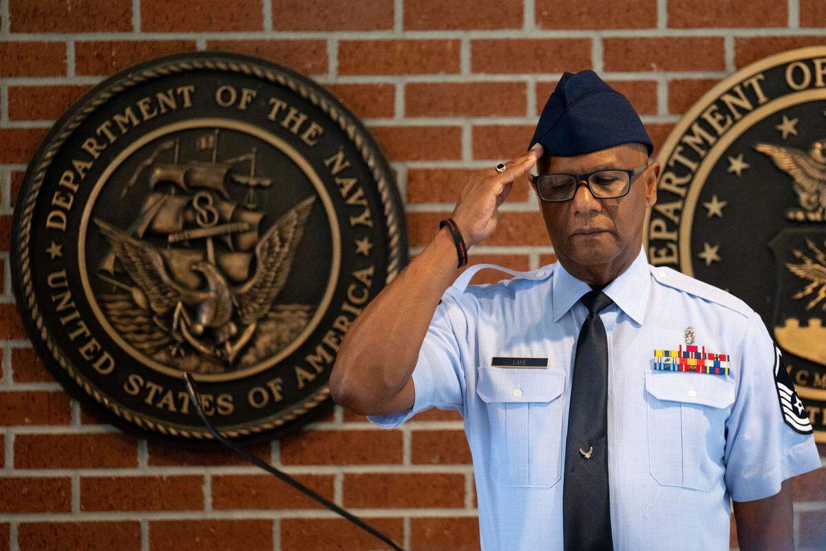 Master Sgt. Brian Lake salutes during a ceremony at Biloxi National Cemetery on Monday, May 25, 2026.