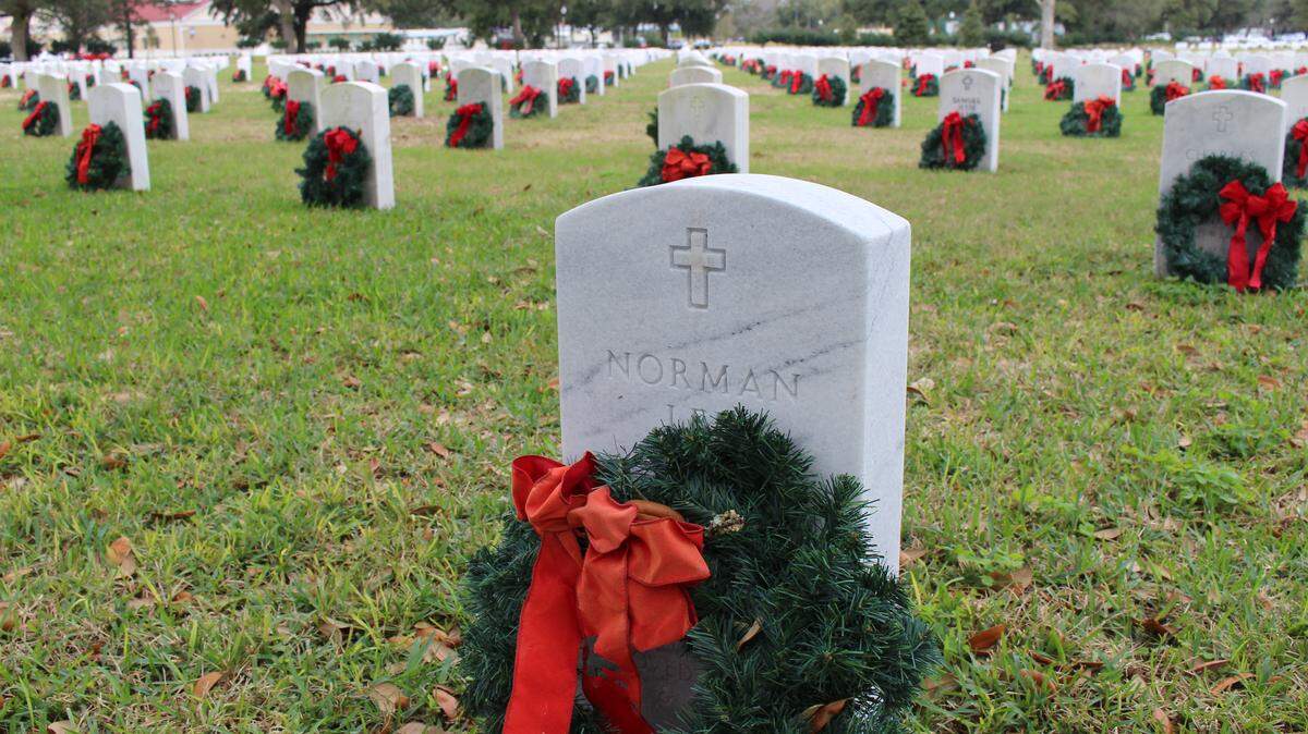 JEFF CLARK/SUN HERALD 
 About 9,000 Christmas wreaths placed on graves in Biloxi National Cemetery will be taken down 11 a.m. Saturday.