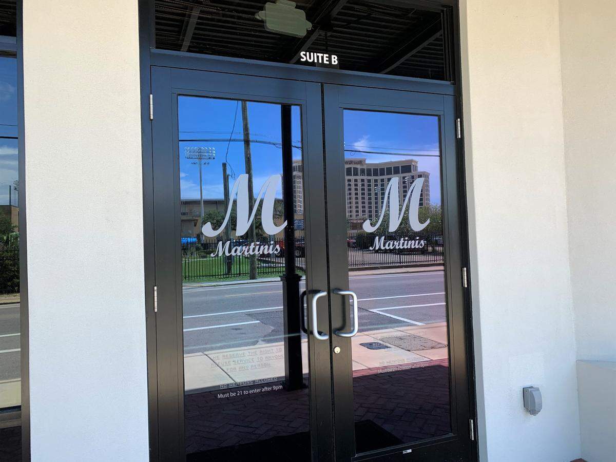 The front door of Martini’s Biloxi reflects the location of the new lounge and restaurant, across the street from MGM Park and near Beau Rivage Resort & Casino.