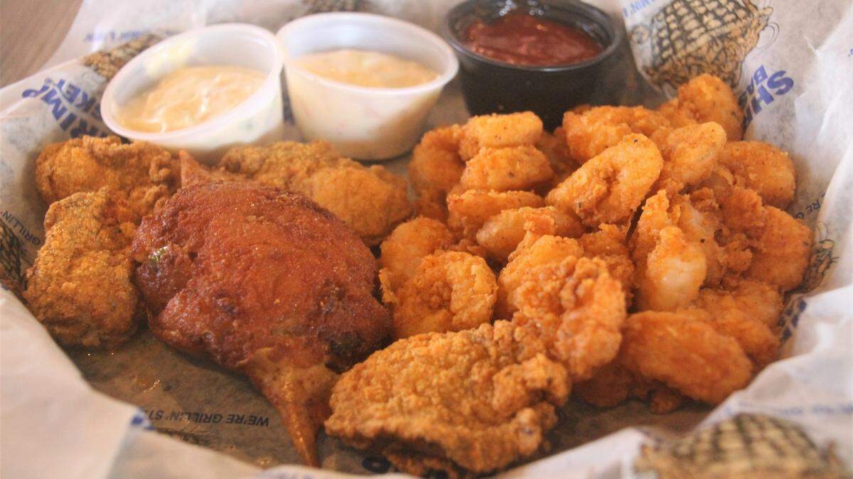 A combination of fried seafood at Shrimp Basket in Ocean Springs.