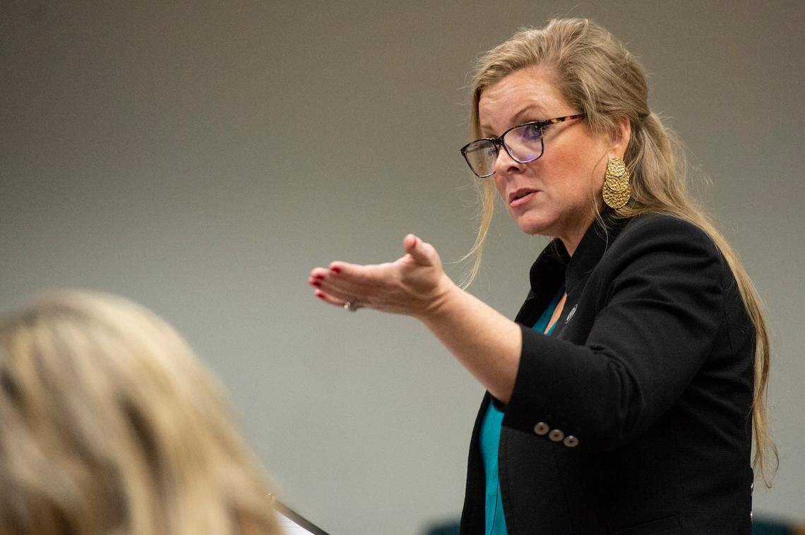 District Attorney Angel Myers McIlrath, the prosecuting attorney, makes one last statement before the court during a sentencing hearing for Jacob Blair Scott in Jackson County Circuit Court in Pascagoula on Thursday, June 2, 2022. Myers McIlrath argued before the judge that Scott had made the choice, in sound mind, to abuse a minor.