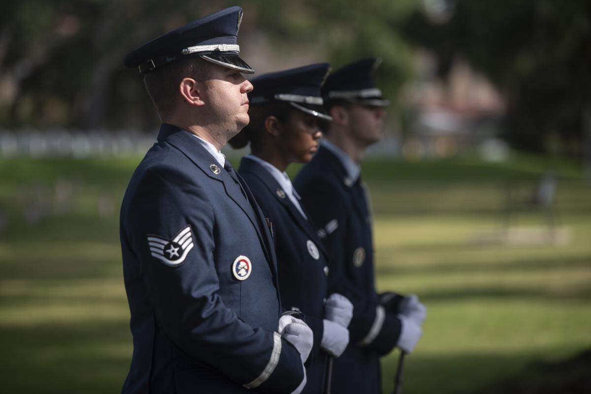 Members of the Keesler Air Force Base Honor Guard during a Memorial Day ceremony at Biloxi National Cemetery in Biloxi on Monday, May 26, 2025.