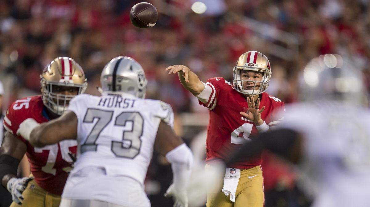 San Francisco 49ers quarterback Nick Mullens (4) passes in the second quarter against the Oakland Raiders during a game at Levi’s Stadium on Thursday, November 1, 2018 in Santa Clara.
