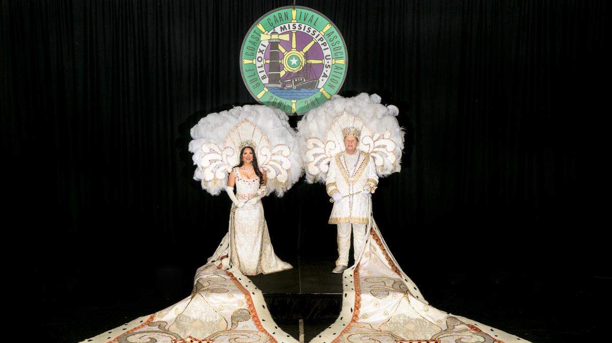 Gulf Coast Carnival Association King and Queen portraits at Golden Nugget in Biloxi, Mississippi, on Saturday, January 29, 2022. Queen Ixolib is Madison Warren and King d’Iberville is Bobby Knesal.