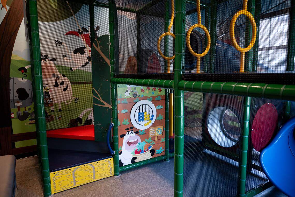 The new Chick-fil-A has a playground area for children.