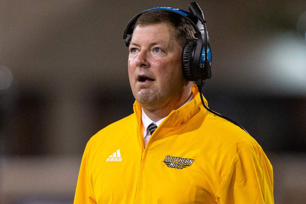 Southern Miss Golden Eagles Head Coach Will Hall during a game between Southern Miss and South Florida at M.M. Roberts Stadium in Hattiesburg on Saturday, Sept. 14, 2024.