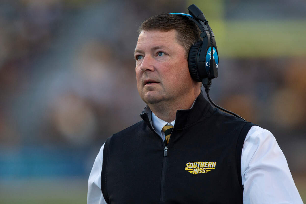 Southern Miss Golden Eagles Head Coach Will Hall during a game between Southern Miss and Arkansas State at M.M. Roberts Stadium in Hattiesburg on Saturday, Oct. 19, 2024.
