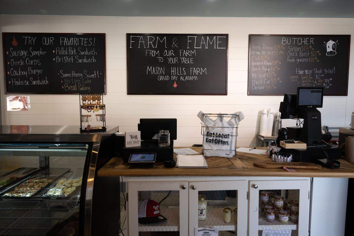The front counter at Farm and Flame in Ocean Springs on Sept. 30, 2025. While the restaurant is closed, the meat, seasonings and sauces are available at the Grand Bay farm store.