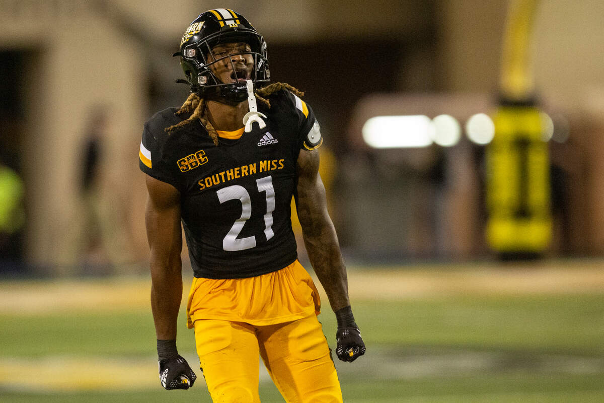 Southern Miss Golden Eagles safety Jay Stanley (21) celebrates during a game against Arkansas State at M.M. Roberts Stadium in Hattiesburg on Saturday, Oct. 15, 2022.