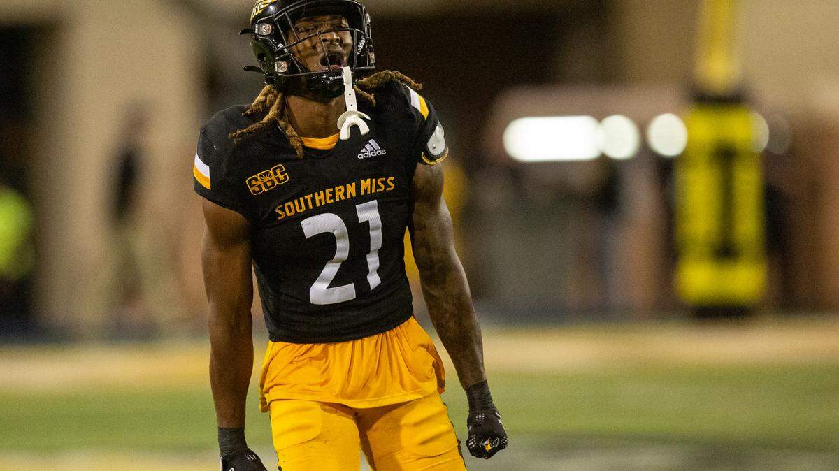 Southern Miss Golden Eagles safety Jay Stanley (21) celebrates during a game against Arkansas State at M.M. Roberts Stadium in Hattiesburg on Saturday, Oct. 15, 2022.