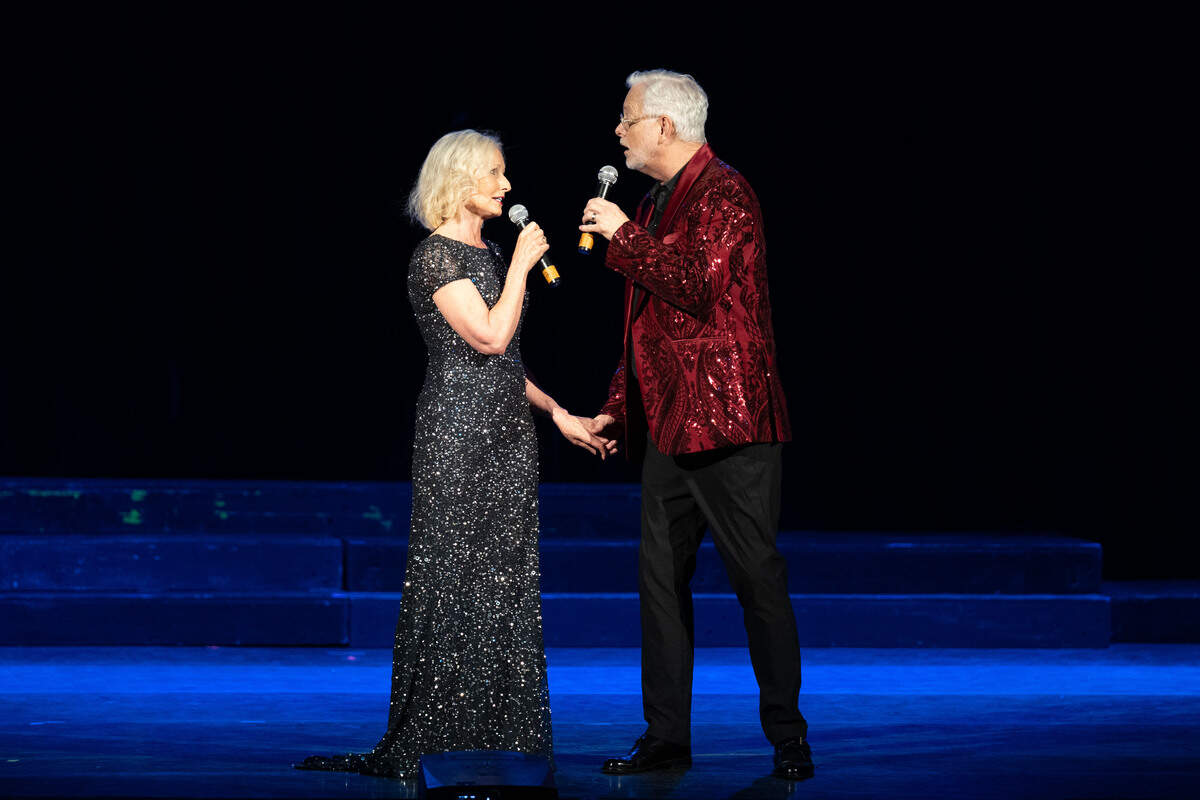 David Delk, right, and Karen Abernathy, left, perform “Any Dream” and “Close Every Door” during a grand opening celebration at the Saenger Theatre in Biloxi on Saturday, June 6, 2026.