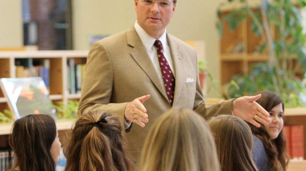 JOHN FITZHUGH/SUN HERALD 
 Mississippi State University President Mark Keenum talks to students at Ocean Springs High School on Monday. Keenum also visited MGCCC's Jackson County campus, where Chevron donated $150,000 toward a new joint bachelor's degree program between the two schools.