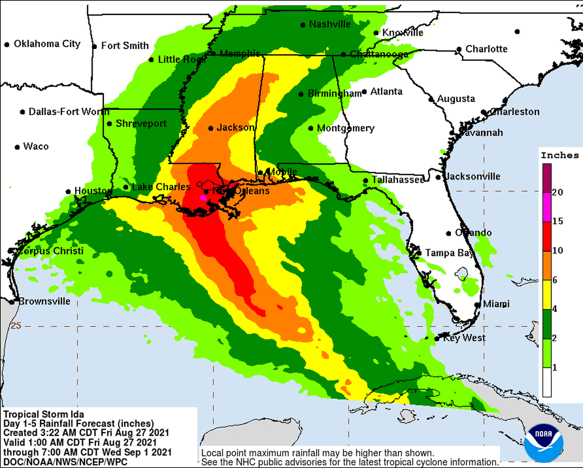 Tropical Storm Ida is forecast to dump between 8 and 16 inches of rain along the central Gulf Coast on Sunday and Monday, according to the National Weather Service.