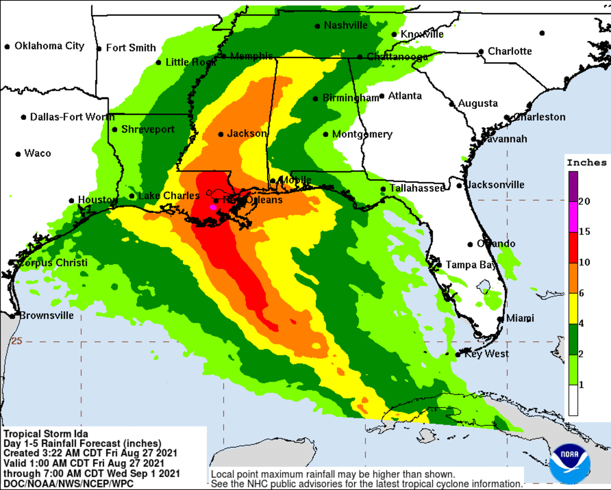 Tropical Storm Ida is forecast to dump between 8 and 16 inches of rain along the central Gulf Coast on Sunday and Monday, according to the National Weather Service.