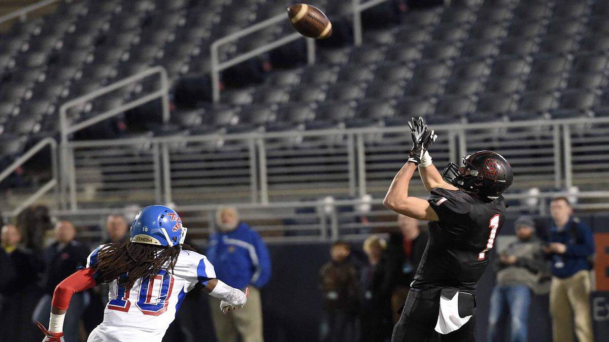 CHRIS TODD/SPECIAL TO THE SUN HERALDSt. Stanislaus receiver Owen Betz (1) gets behind Noxubee's Keith Sanders (10) for a Rockachaws touchdown late in the fourth quarter of Saturday's MHSAA Class 4A State Football Championship in Vaught-Hemingway Stadium on the Ole Miss campus in Oxford.