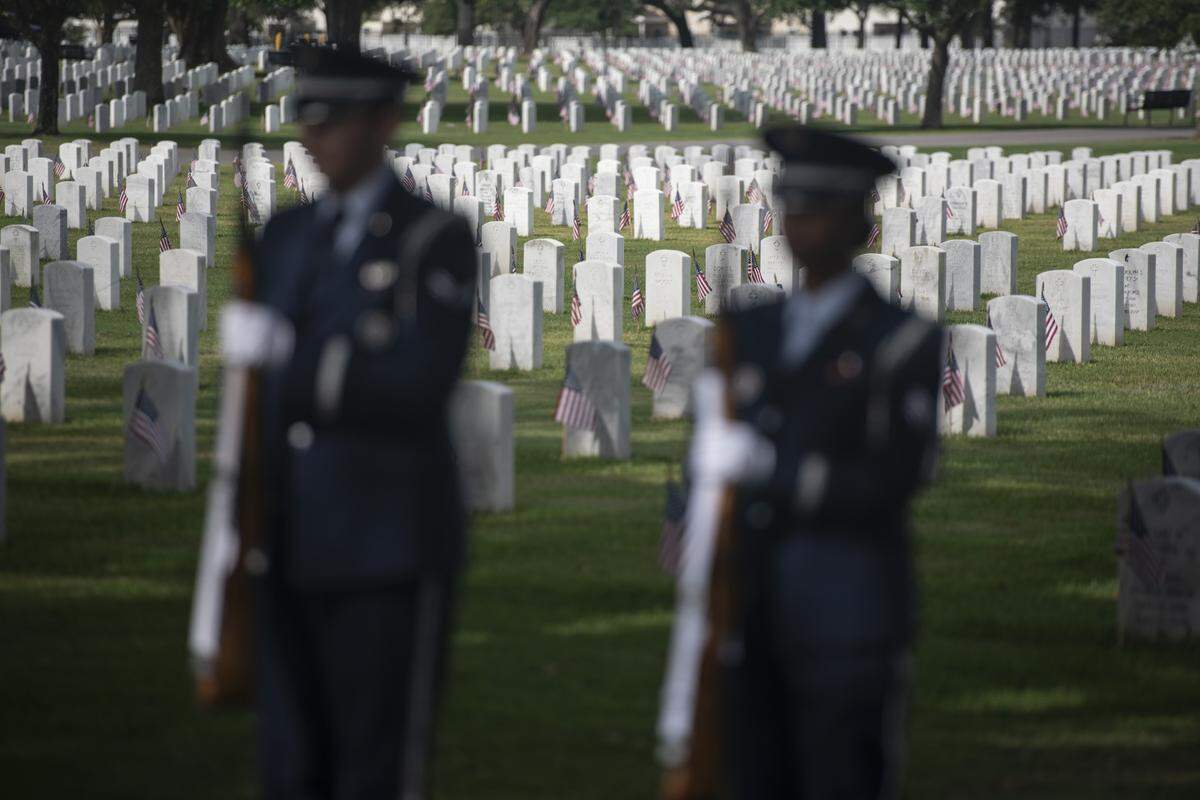 Members of the Keesler Air Force Base Honor Guard during a Memorial Day ceremony at Biloxi National Cemetery in Biloxi on Monday, May 26, 2025.