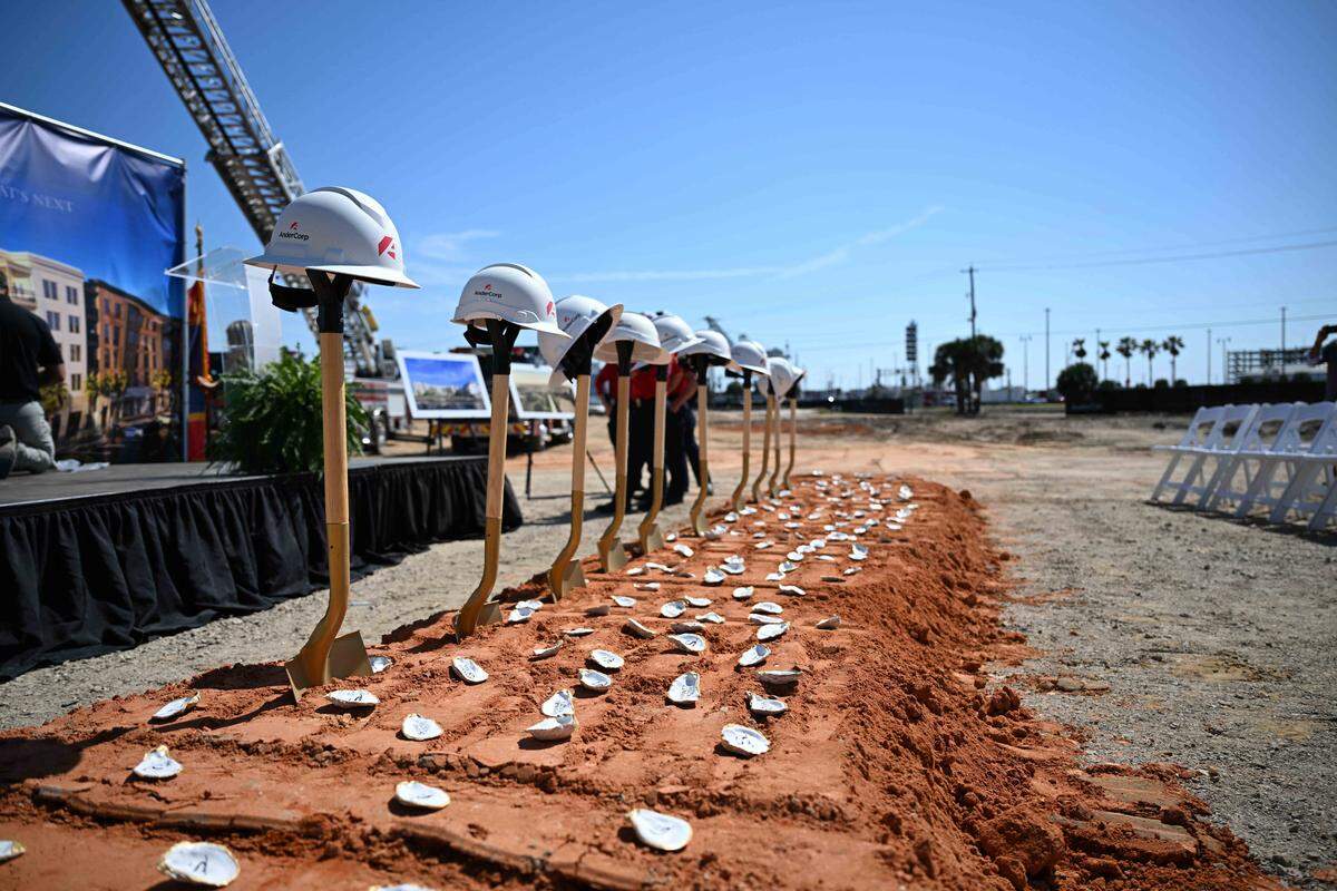 Shovels and hard hats stand ready at the groundbreaking Friday for the new Channel South mixed-use development in downtown Gulfport. The $105 million project will bring apartments, a hotel, restaurants, retail and a parking garage.