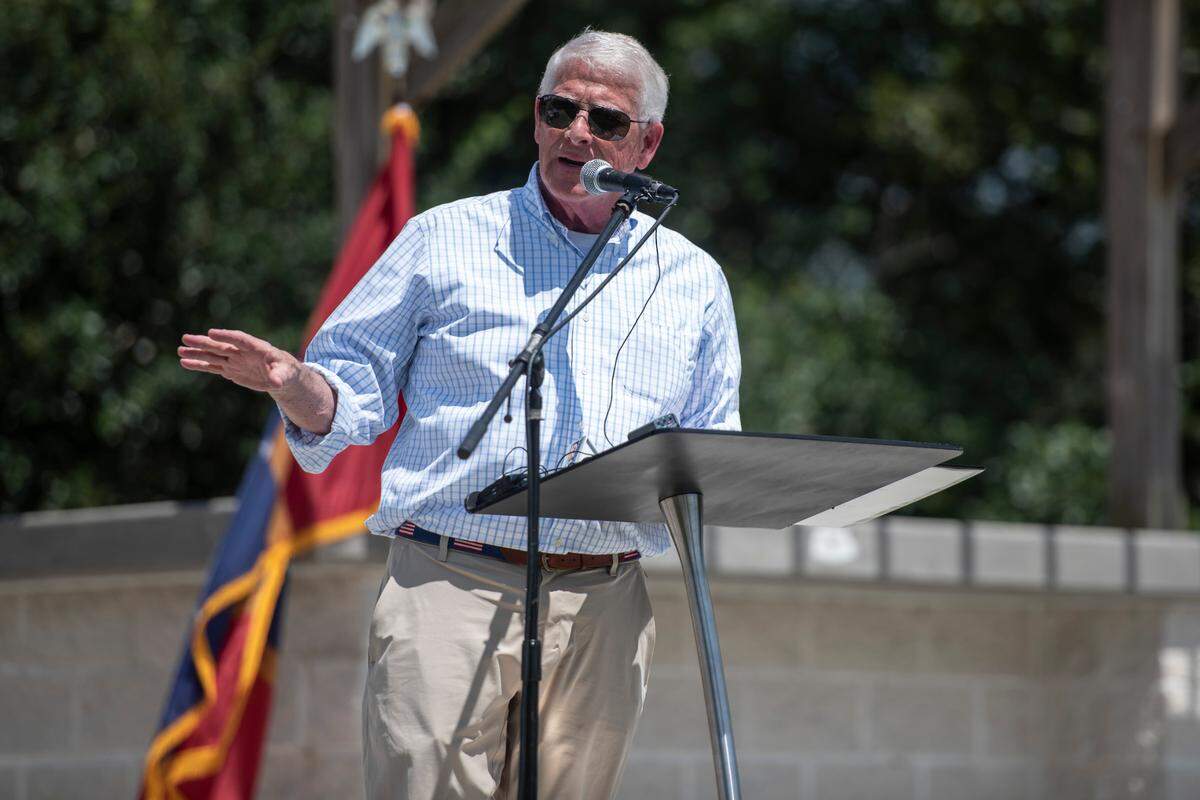 U.S. Sen. Roger Wicker speaks to a crowd about the anniversary of Hurricane Katrina at Fort Maurepas Park in Ocean Springs on Monday, Aug. 29, 2022.