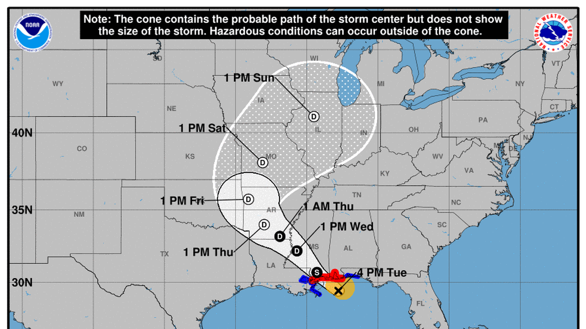 The 4 p.m. update from the National Weather Service on Sept. 4, 2018, shows Tropical Storm Gordon moving into South Mississippi on Tuesday night.