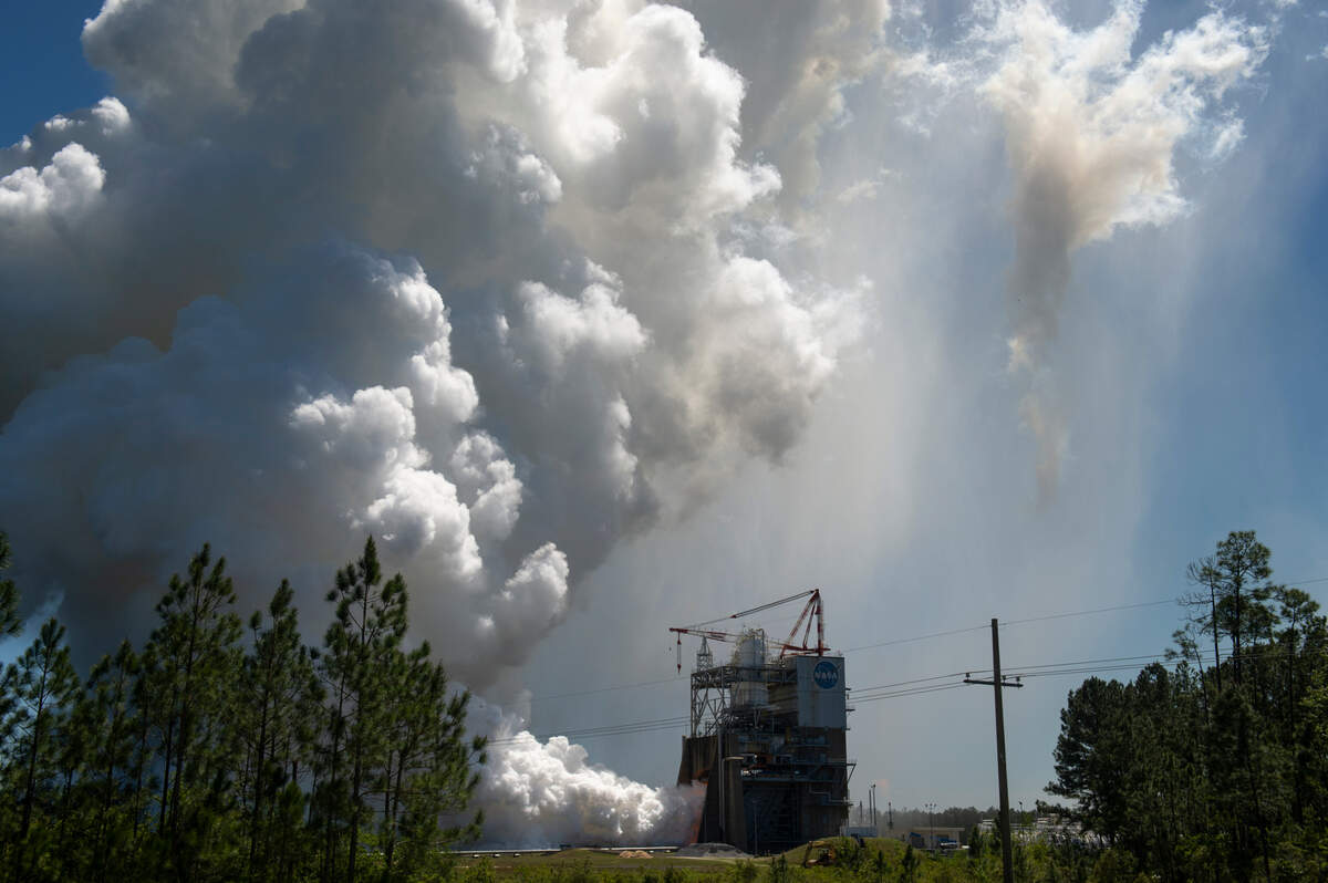Steam erupts from the base of the A-1 Test Stand, also called the Fred Haise Test Stand, at Stennis Space Center in Bay St. Louis on Wednesday, April 3, 2024, as NASA tests one of the RS-25 engines destined for the Artemis missions.