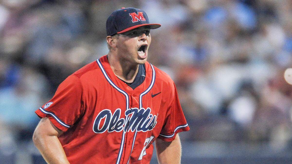 BRUCE NEWMAN/ASSOCIATED PRESS 
 Ole Miss pitcher Brady Bramlett (21) reacts after striking out a Utah batter at the Oxford Regional.