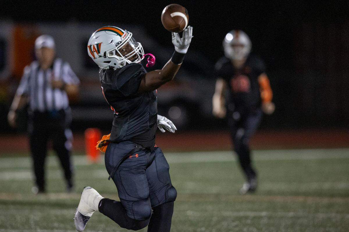 West Harrison’s Javon McCalebb misses a pass during a game at West Harrison High School in Harrison County on Friday, Oct. 6, 2023.