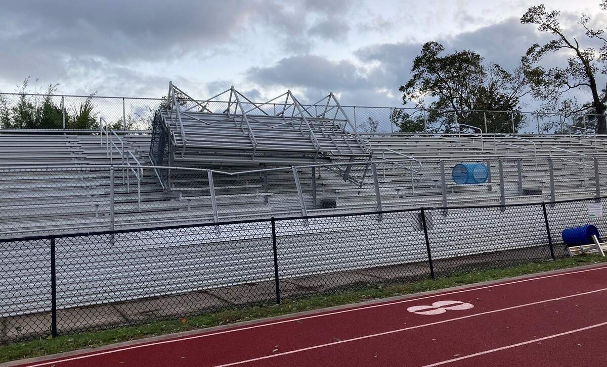 A set of bleachers that typically houses the Bay High School band has ended up in the bleachers on the visitors’ side at the Tigers’ Stadium in Bay St. Louis.