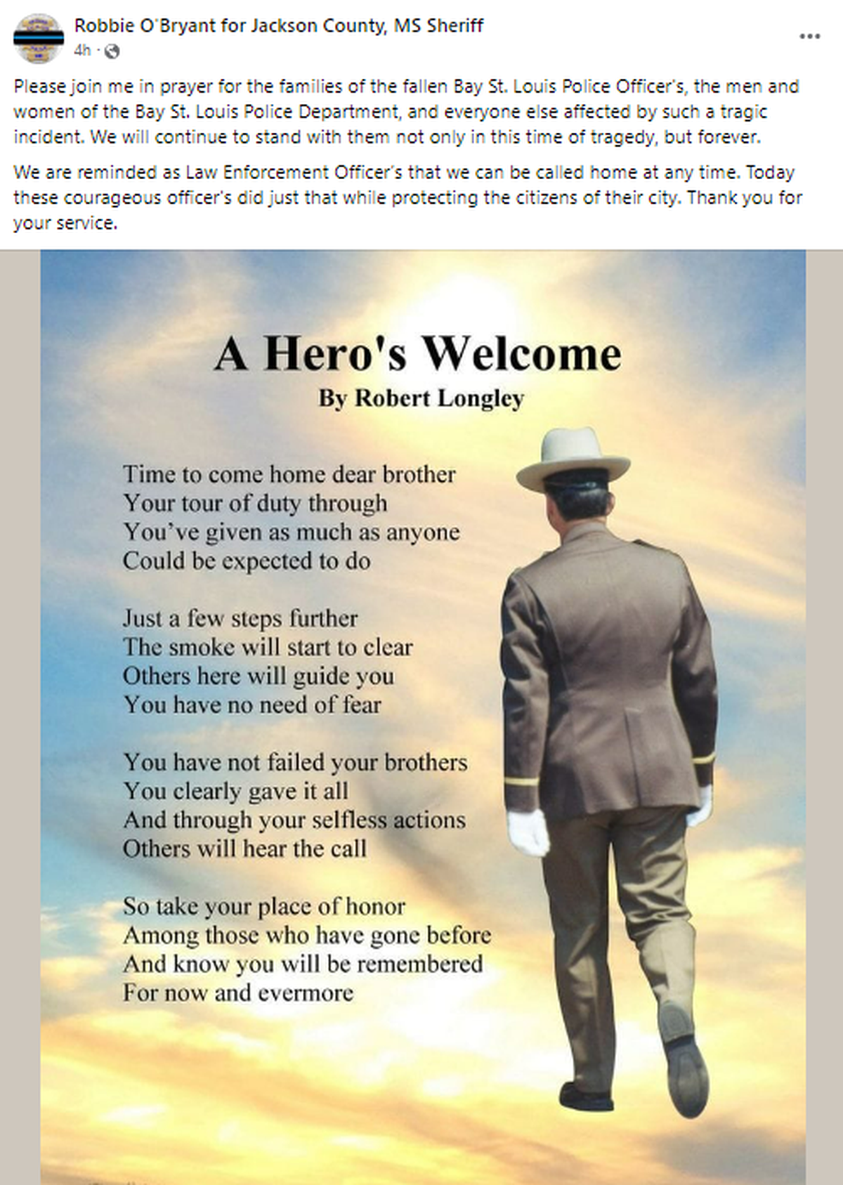 Robbie O’Bryant posts a poem in tribute to Bay St. Louis PD on Facebook.