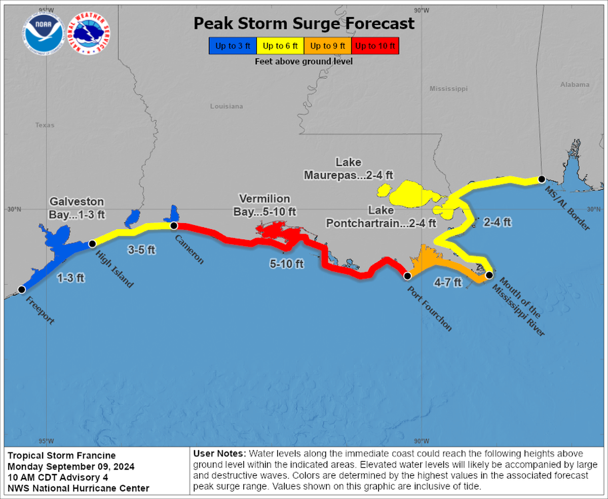 Forecasters say storm surge could reach 2 to 4 feet on the Mississippi Coast as Tropical Storm Francine nears Louisiana this week.