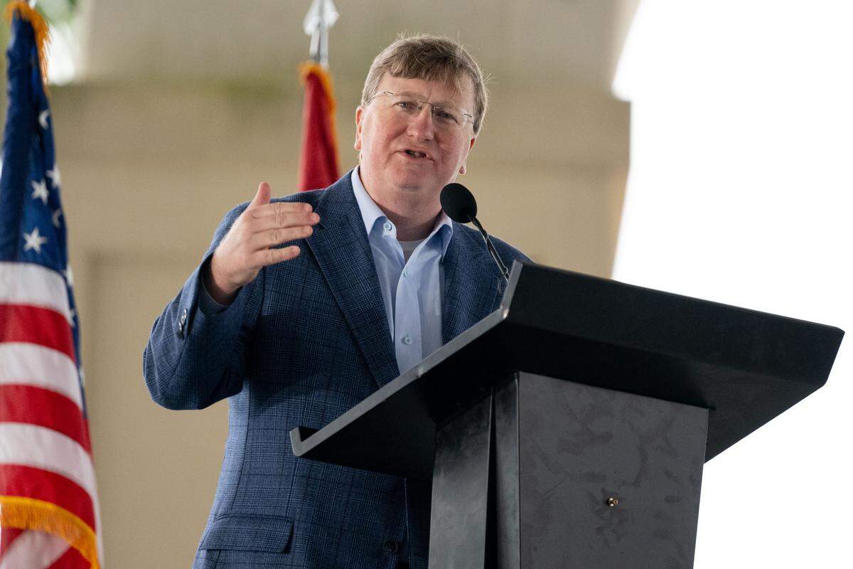 Governor Tate Reeves addresses the crowd during a 20th anniversary commemoration of Hurricane Katrina at the Barksdale Pavilion in Gulfport on August. 29, 2025.