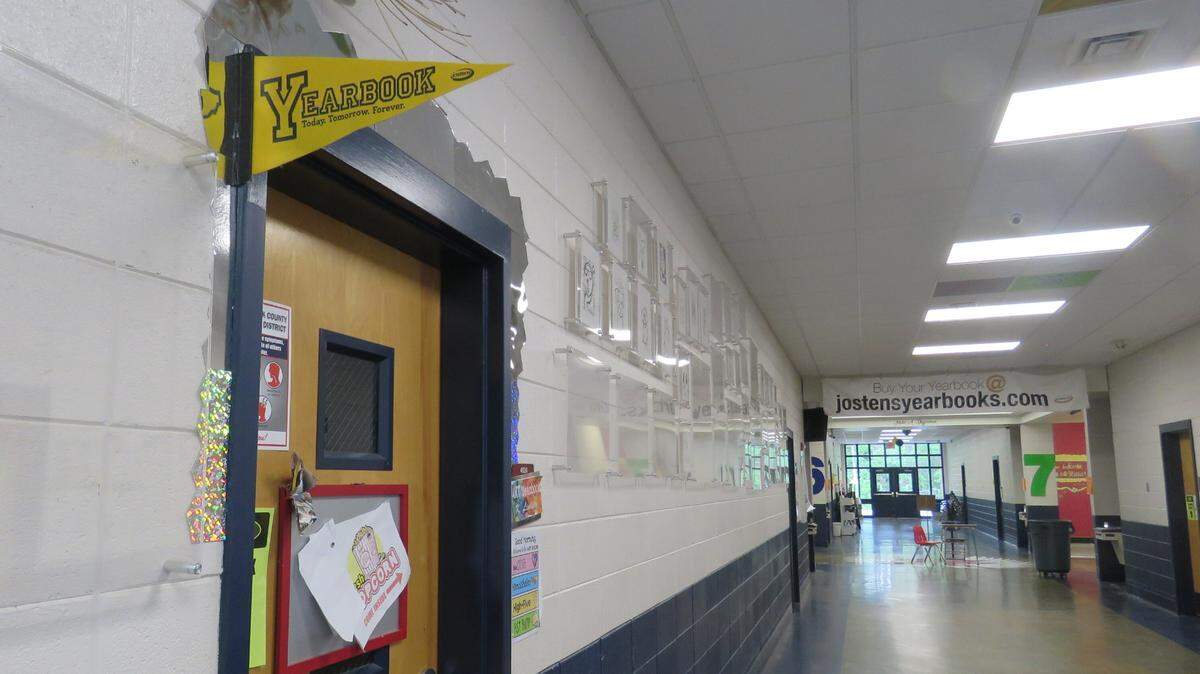A banner at Hancock County Middle School on May 27, 2021 urges students to buy their yearbook.