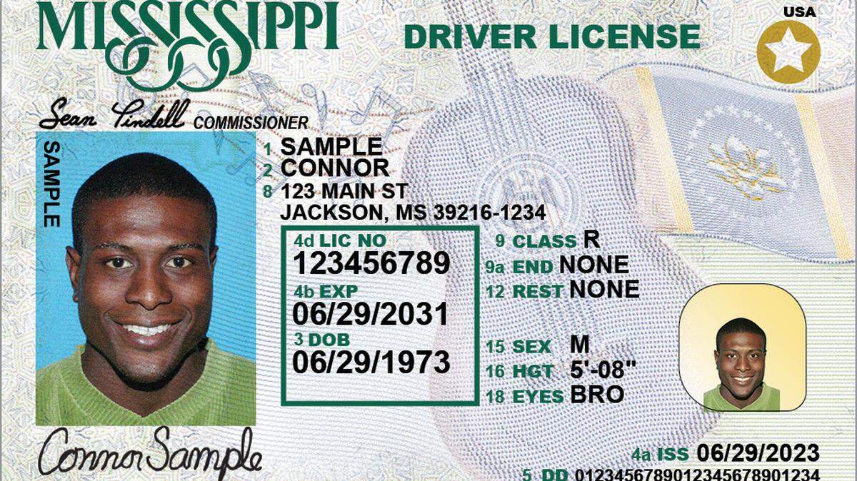 A sample Mississippi drivers license shows the new design, which features the state flag and a guitar with music notes.