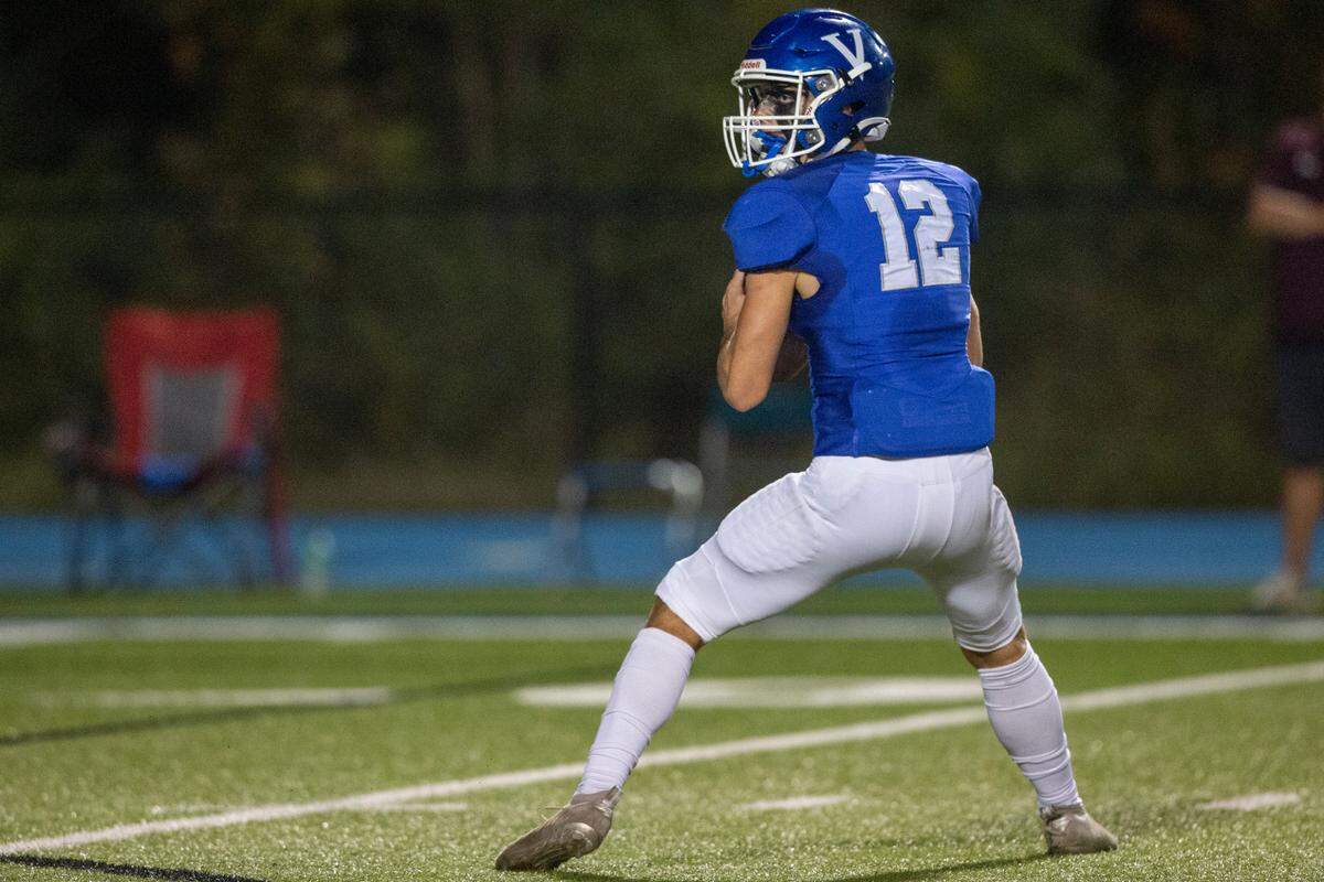 Vancleave’s Layton Eder looks to throw a pass during a game between Vancleave and East Central at Vancleave Football Stadium in Vancleave on Thursday, Nov. 3, 2022.