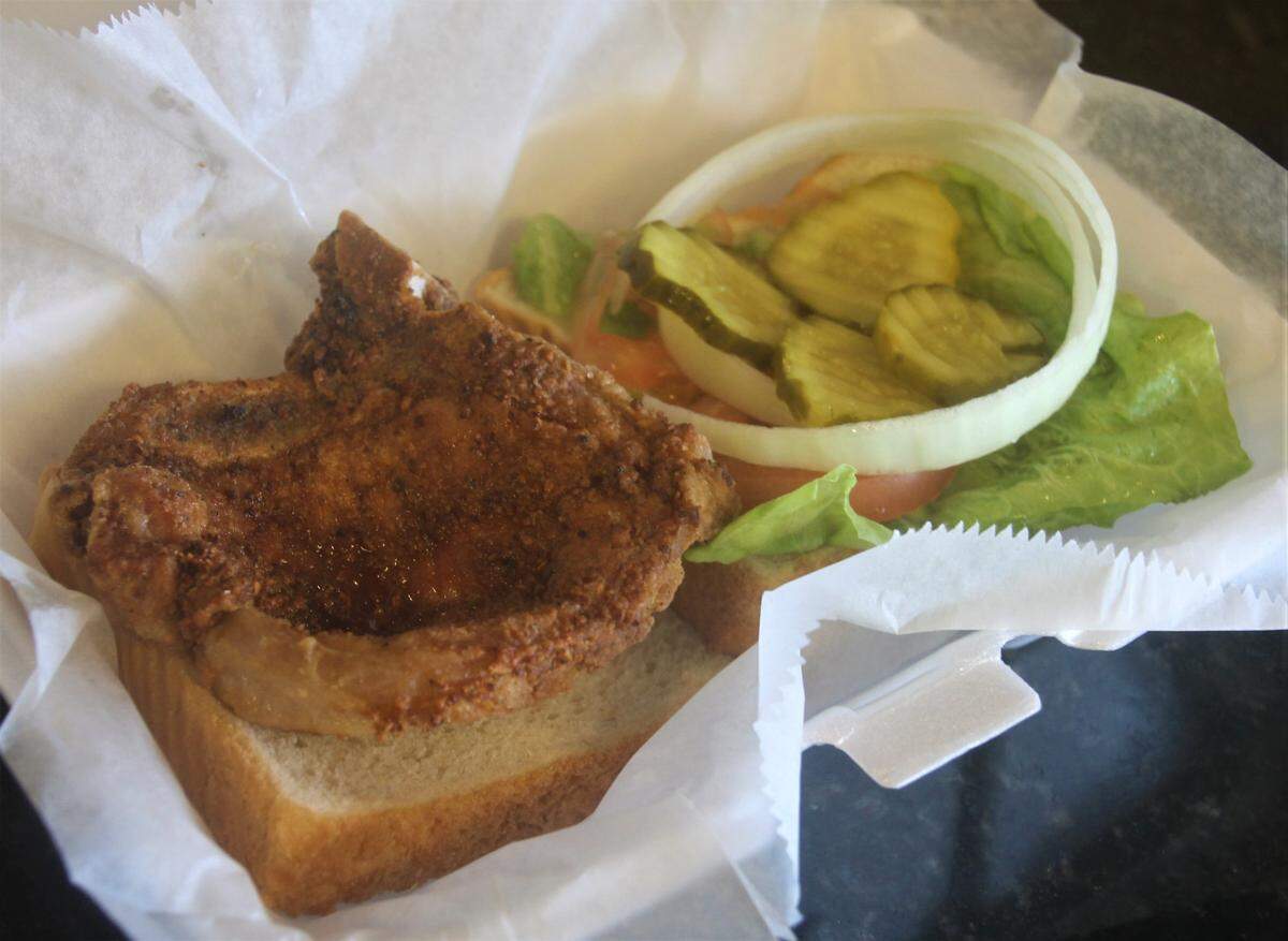 The fried pork chop sandwich at Kimmy’s Kitchen in D’Iberville.