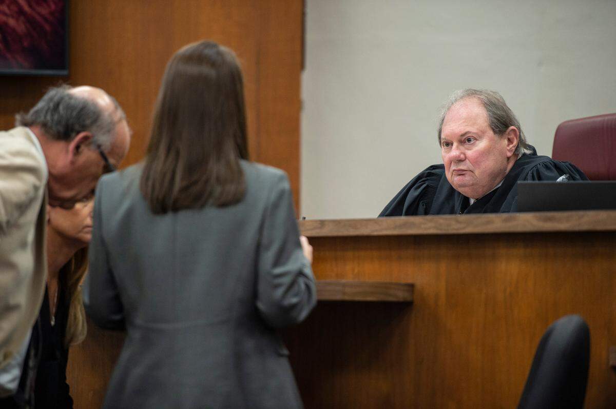 Judge Larry Bourgeois speaks to the prosecution and defense during the trial of Cliff Kirkland in Harrison County Circuit Court in Biloxi on Monday, May 16, 2022.