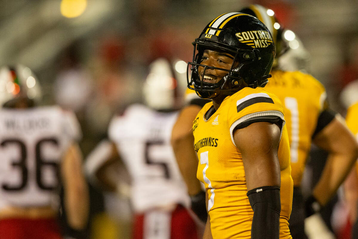 Southern Miss Golden Eagles quarterback Ethan Crawford (3) reacts during a game between Southern Miss and Arkansas State at M.M. Roberts Stadium in Hattiesburg on Saturday, Oct. 19, 2024.