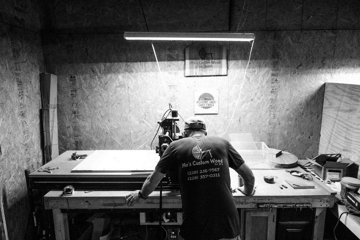 Brett Fletcher at his woodworking bench.