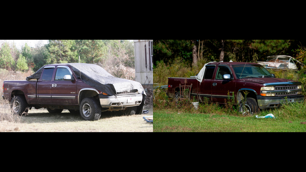 The truck Billey Joe Johnson was driving on the day of his death in 2008 still sits on his father’s property in the Benndale community. The keys remain in the ignition. These Sun Herald photos were taken years apart. The photo on the right was taken in October 2021.