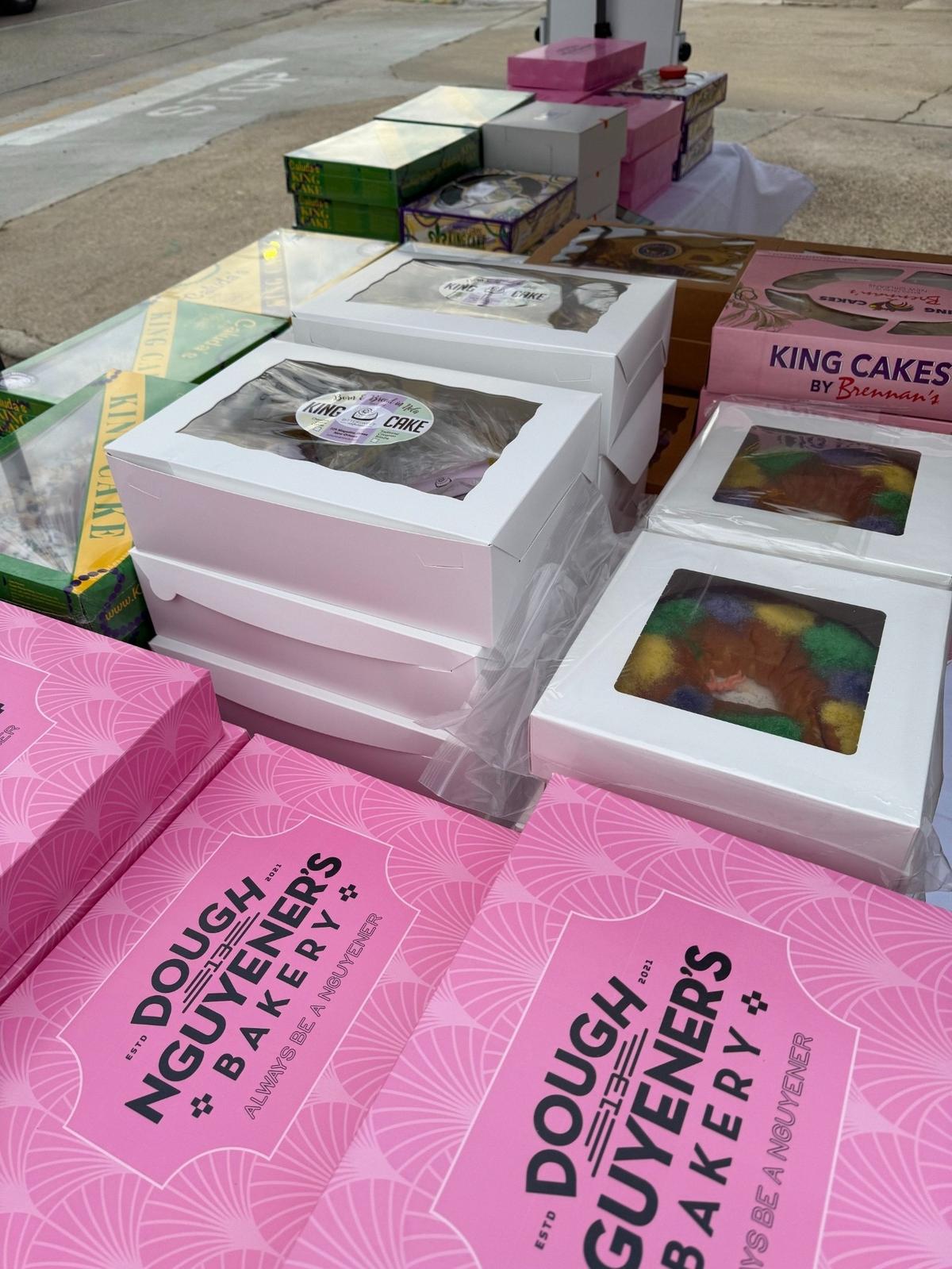 King cakes for sale at The King Cake Drive-Thru set up outside the Driftwood Motel in Bay St. Louis on Wednesday, Jan. 15, 2025.