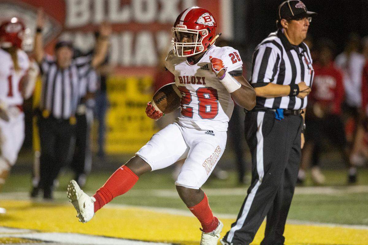 Biloxi’s Jamir Haskin walks into the end zone for a touchdown against D’Iberville during a game at Warriors Stadium in D’Iberville on Friday, Sept. 23, 2022.