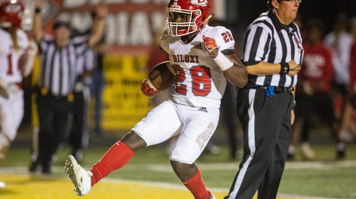 Biloxi’s Jamir Haskin walks into the end zone for a touchdown against D’Iberville during a game at Warriors Stadium in D’Iberville on Friday, Sept. 23, 2022.