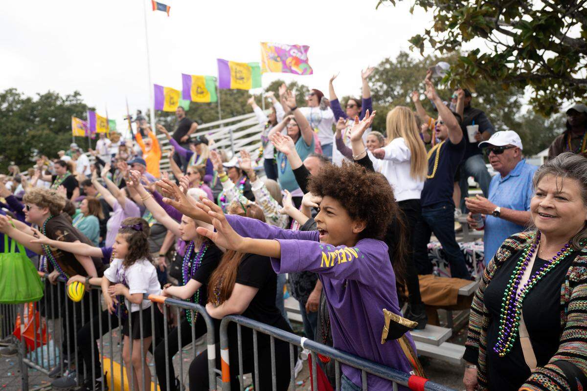 The crowd cheers for Mardi Gras throws.