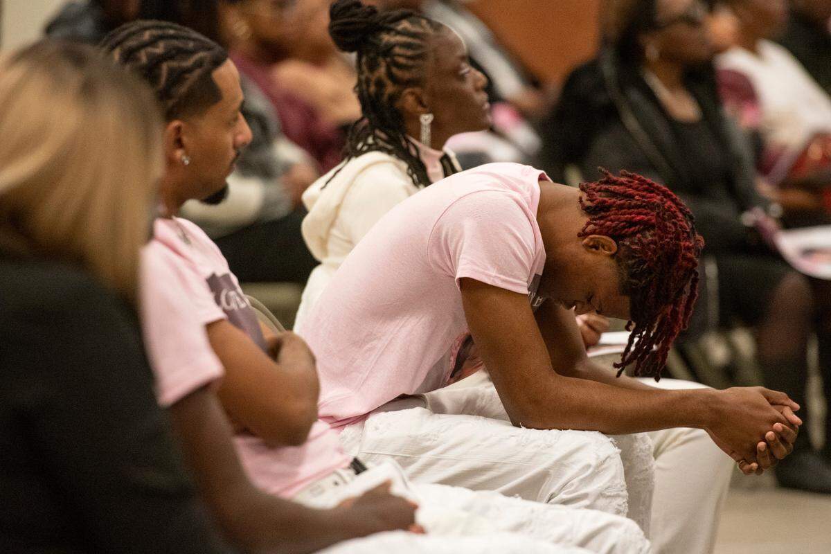Zion Parsons, who was with Ni’Kyra Dedeaux the night she was killed, reacts during her funeral at Lyman Community Center in Gulfport on Friday, Jan. 10, 2025. Dedeaux was killed in an alleged terrorist attack on Bourbon Street in New Orleans on Jan. 1.