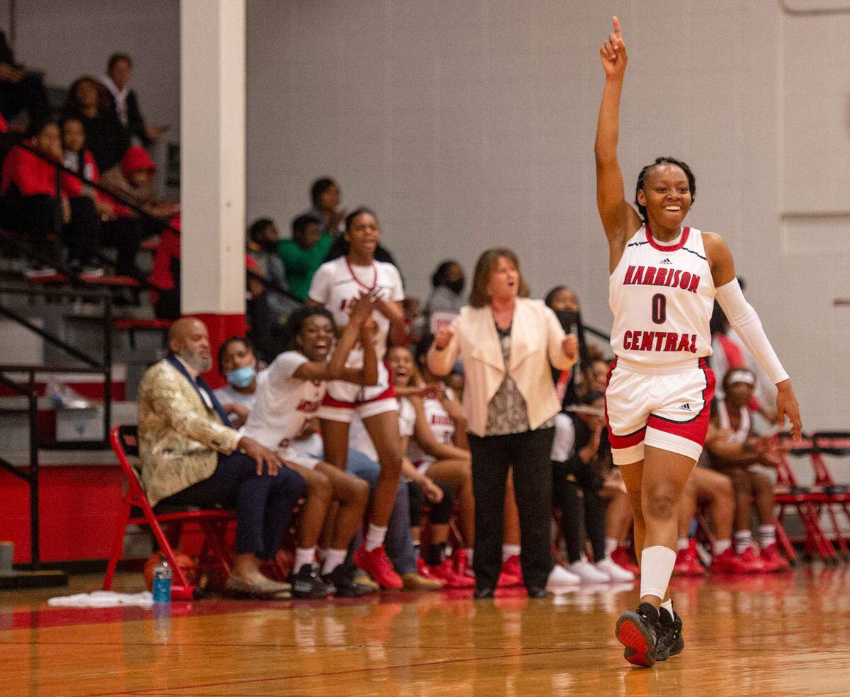 Harrison Central’s Hayleigh Breland celebrates her teammates scoring during a game against Gulfport at Harrison Central High School in Gulfport on Friday, Feb. 4, 2022.